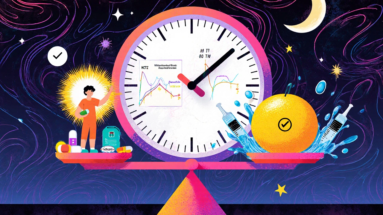 A balanced scale showing one healthy person with telmisartan versus another overwhelmed by multiple meds and water droplets.