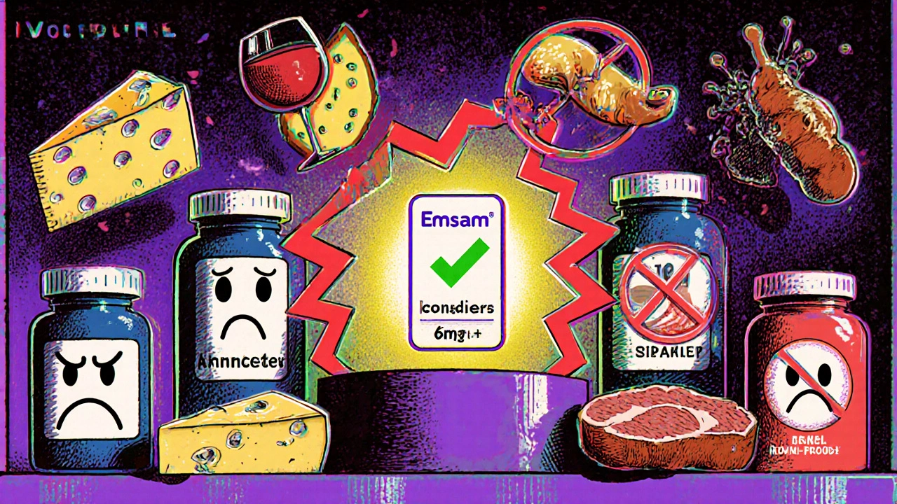 A glowing selegiline patch on a shelf among warning symbols for food interactions.