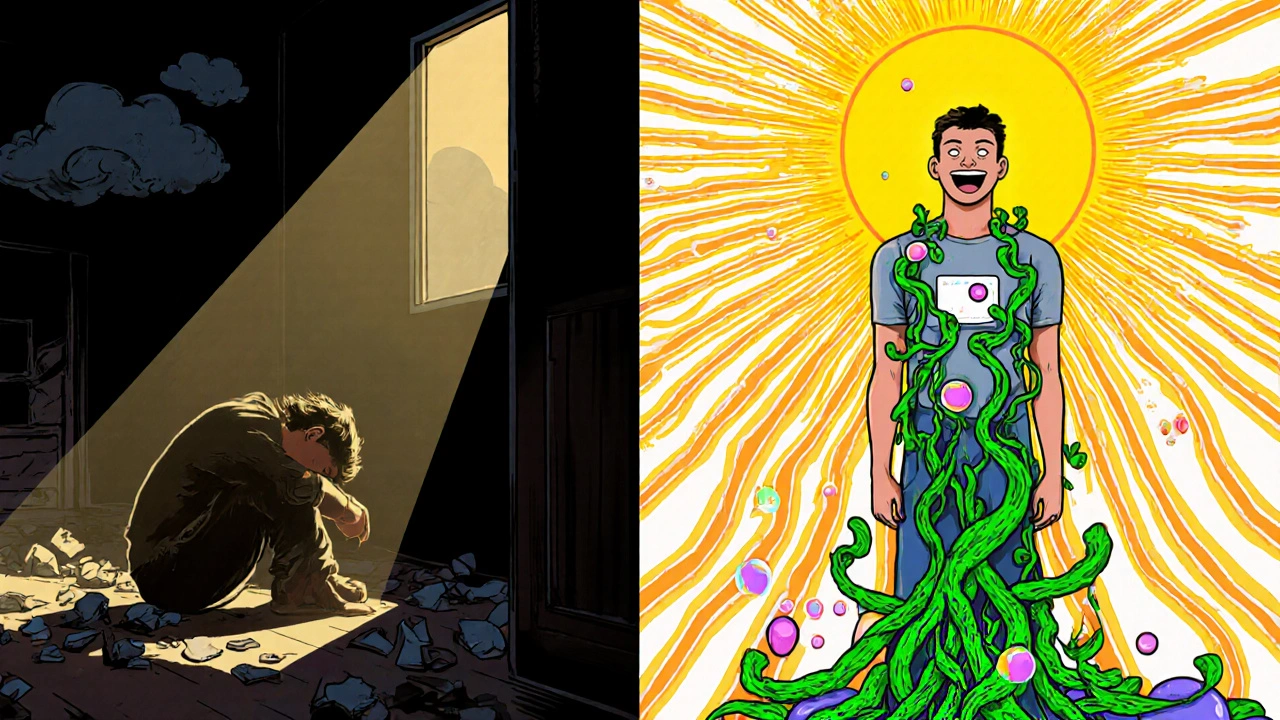 A person transformed from depression to energy with dopamine vines and light.