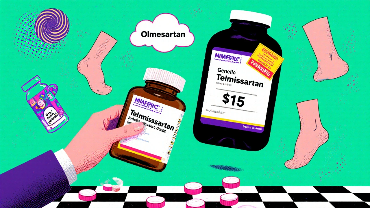 A surreal pharmacy scene comparing cheap generic telmisartan to expensive brand Micardis with side effect icons floating around.