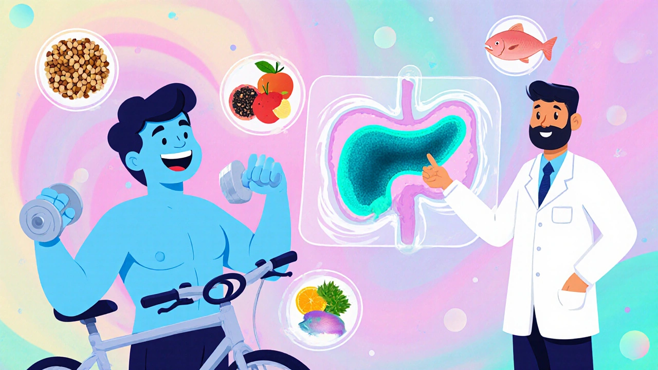Active person eating healthy while a clear pancreatic duct is highlighted.
