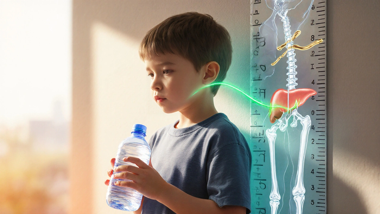 Boy beside growth chart with transparent overlays of hormone cascade and bone growth.