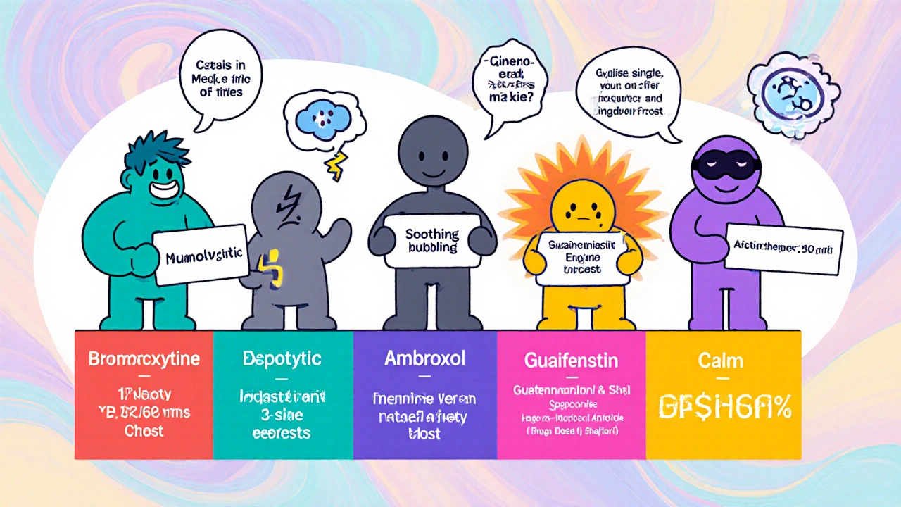 Cartoon characters representing five cough drugs compare efficacy, side effects, and cost.
