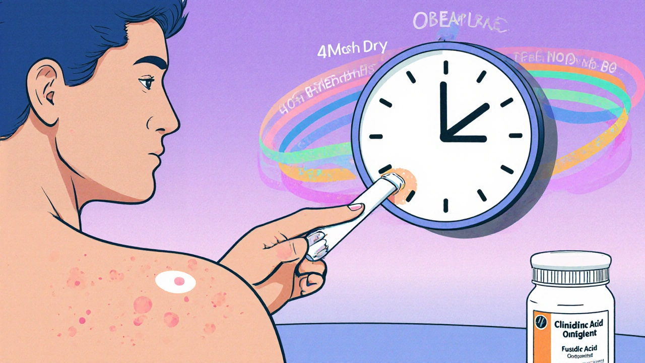 Cartoon of a patient applying fusidic acid ointment twice daily, with a visual cue of a 4‑6 week treatment timeline.