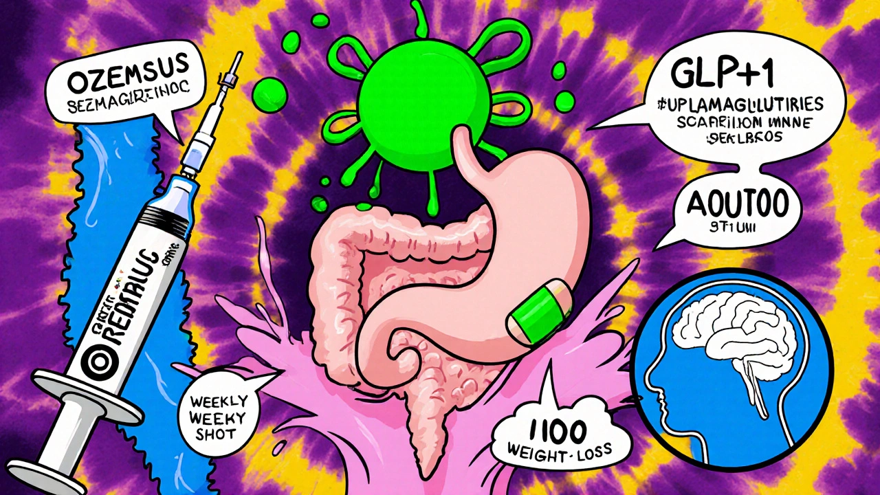 Cartoon showing oral tablet dissolving and syringe injecting semaglutide molecule with dosage icons.