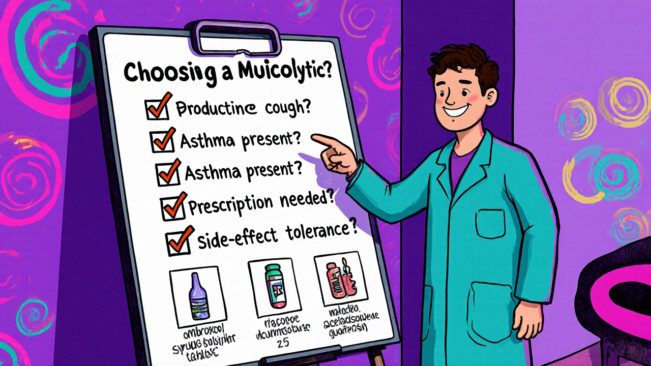 Clinic checklist board with doctor pointing to icons of different mucolytics and decision points.