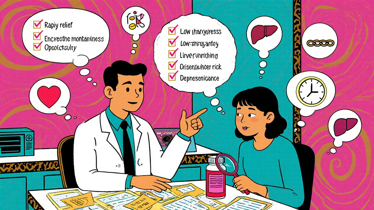 Clinic scene with doctor and patient discussing drug choice, surrounded by decision icons.