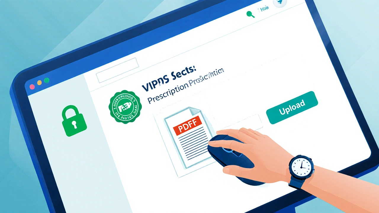 Close‑up of pharmacy website with padlock, VIPPS badge, and prescription upload prompt.