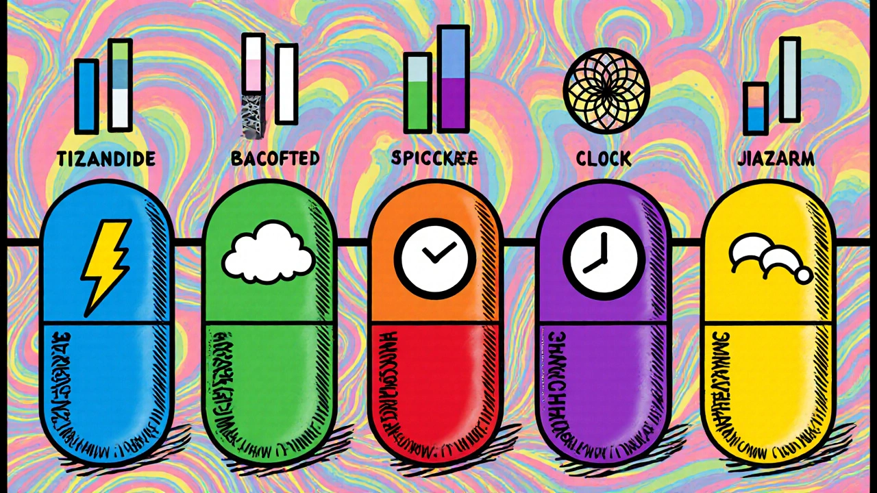 Colorful lineup of six muscle‑relaxant pills with icons showing onset speed and half‑life.