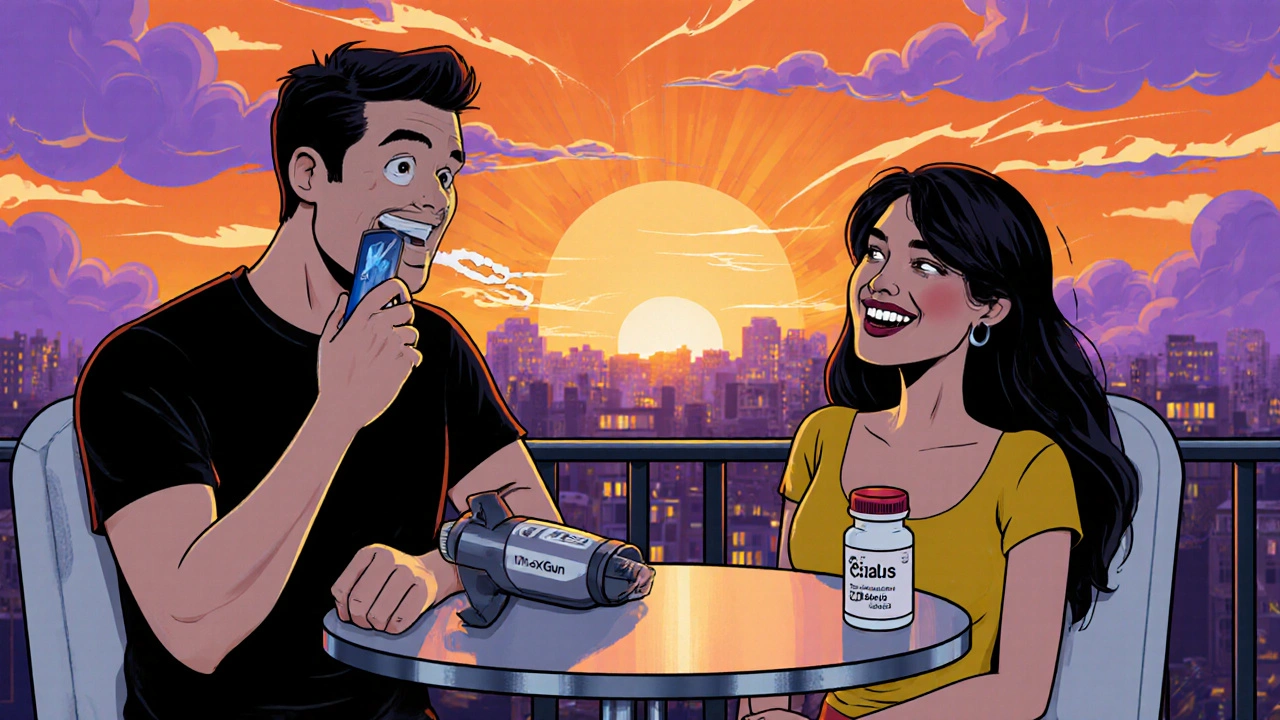 Couple on balcony, man using spray, with vacuum device and Cialis bottle nearby.