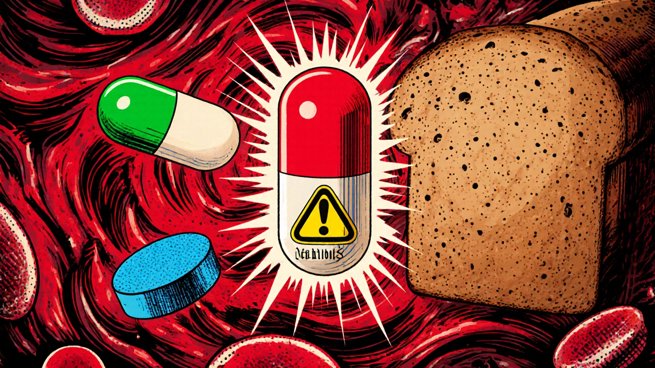 Dapsone pill battling sulfasalazine, colchicine, and gluten-free bread in a surreal immune cell battlefield.