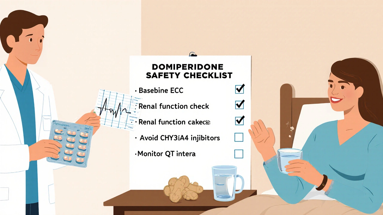 Doctor checks ECG and safety checklist while patient holds ginger tea.