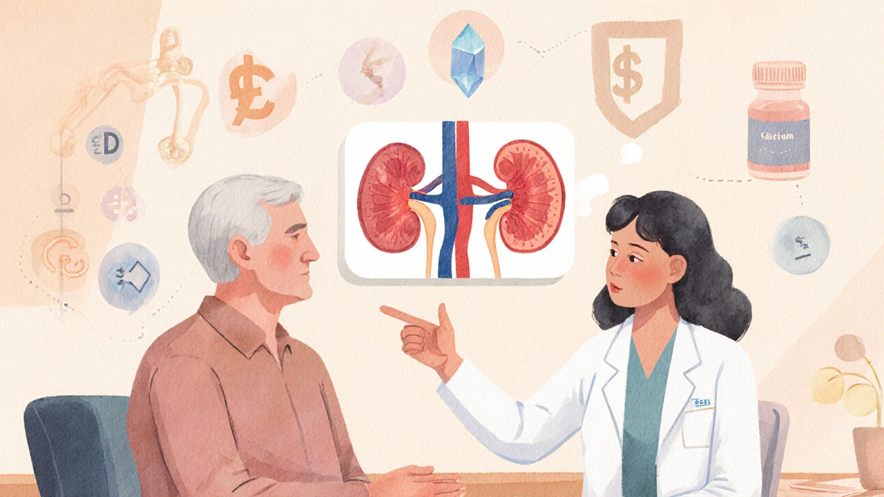 Doctor consulting a patient about kidney and bone health, illustrating treatment choices.