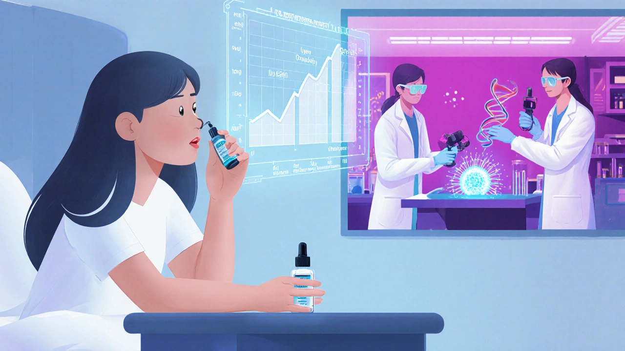 Girl using desmopressin spray with holographic growth data and futuristic gene‑therapy lab.