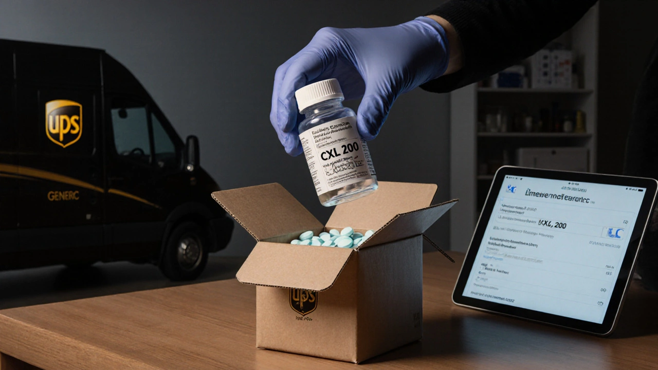 Hand inspecting delivered generic celecoxib bottle with imprint code, package on table.