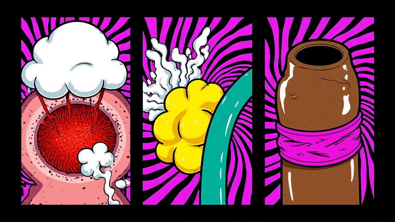 Illustration of inflamed duct, fatty infiltration, gallstone, and sphincter spasm causing blockage.