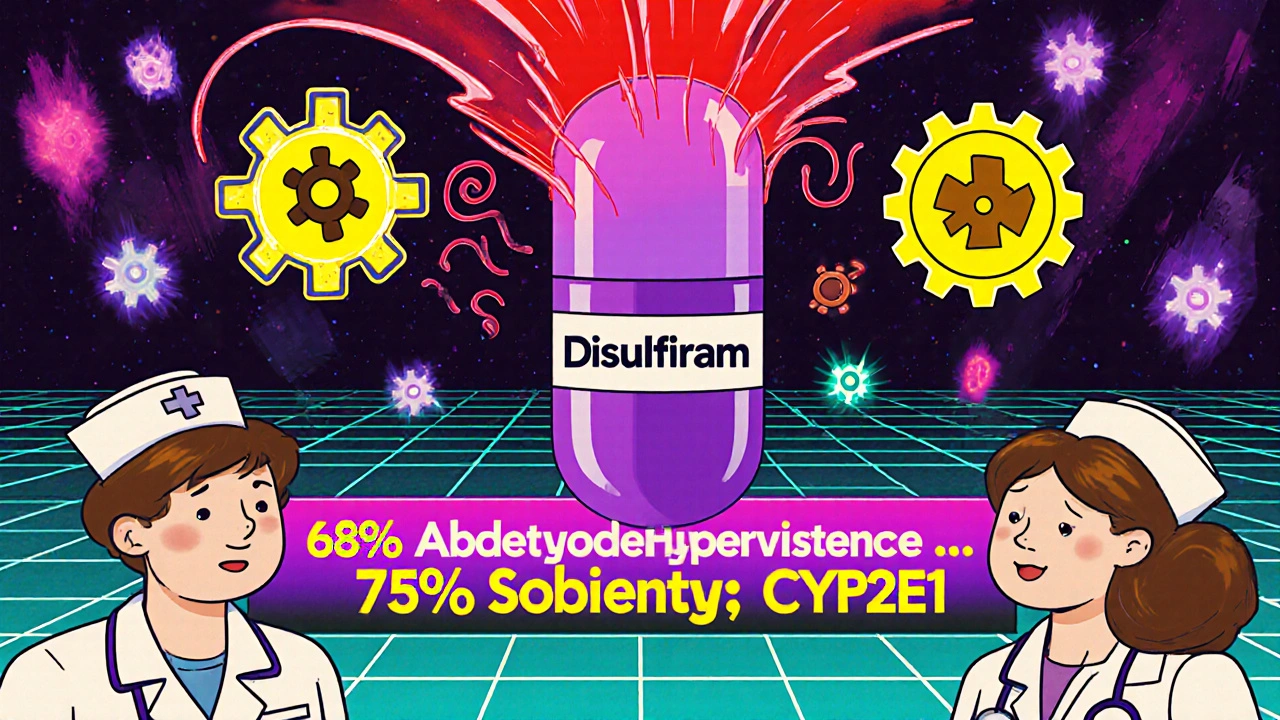 Lab scene cartoon of disulfiram pill blocking alcohol molecule with colorful enzyme symbols.