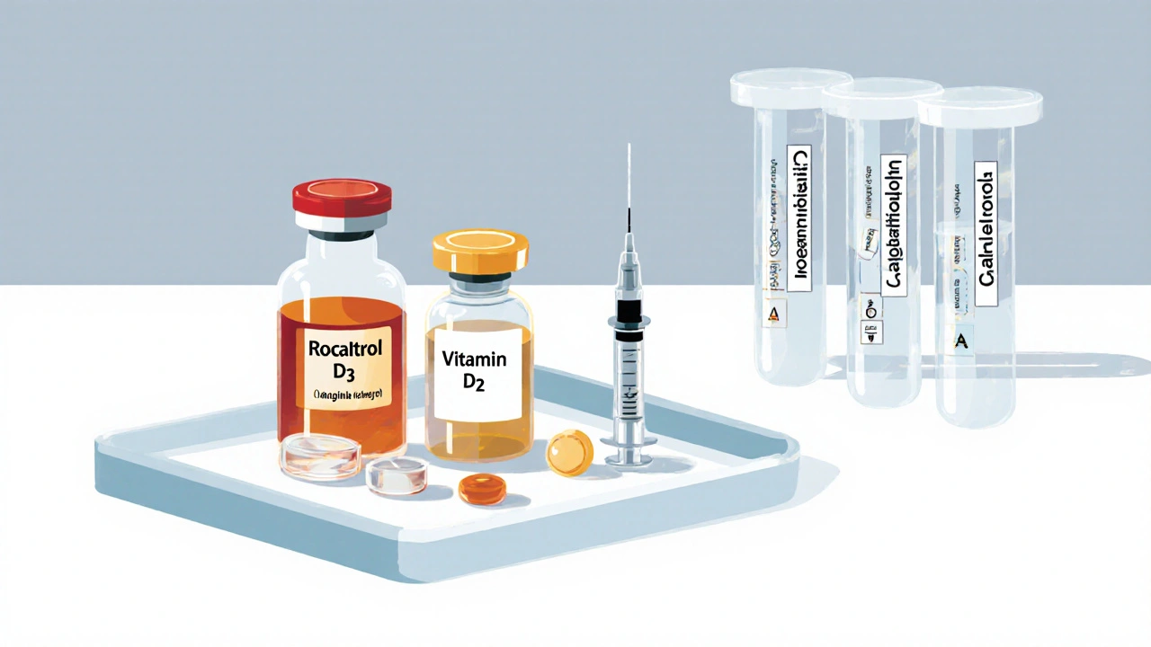 Lineup of vitamin D treatments with lab tubes for calcium, phosphate, and PTH monitoring.