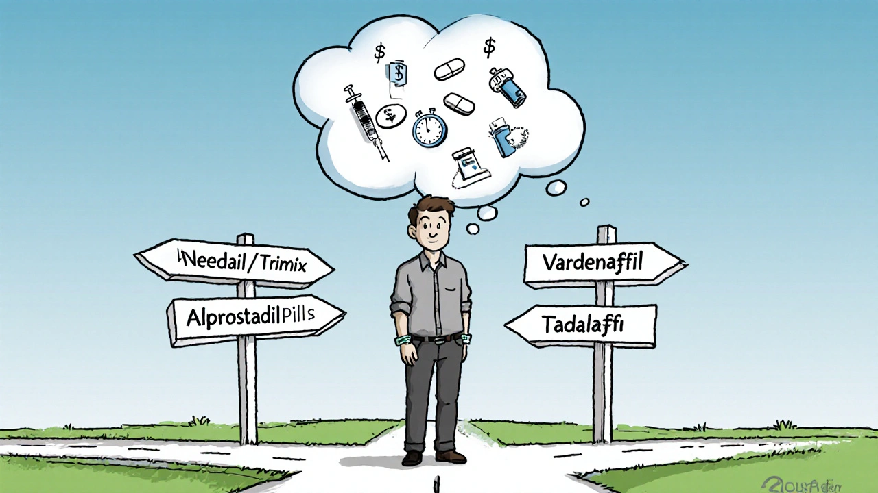 Man at a crossroads choosing between needles, pills, and a vacuum device.