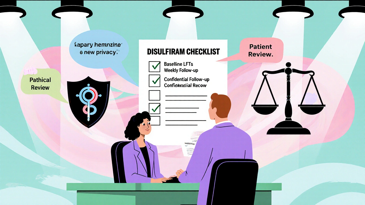 Occupational health office cartoon with doctor, checklist, and scale balancing privacy and safety.