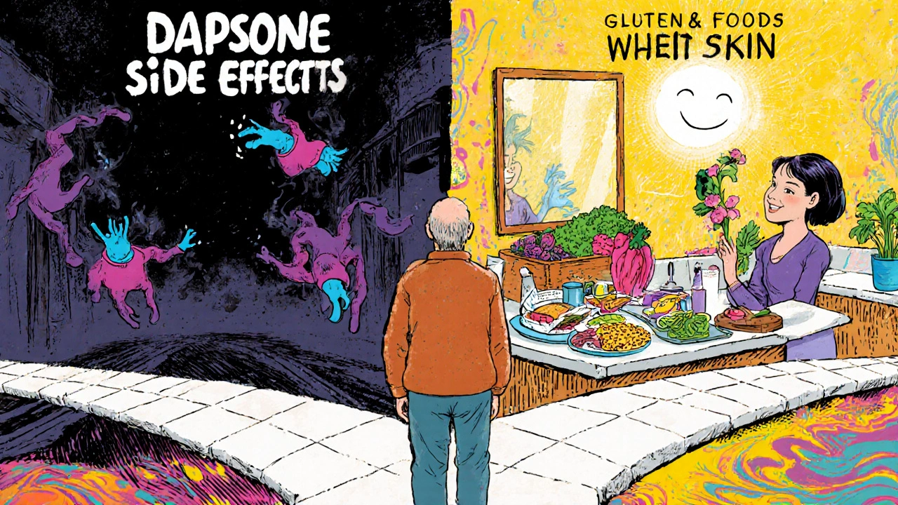 Patient choosing between Dapsone side effects and a gluten-free diet in a vibrant crossroads scene.