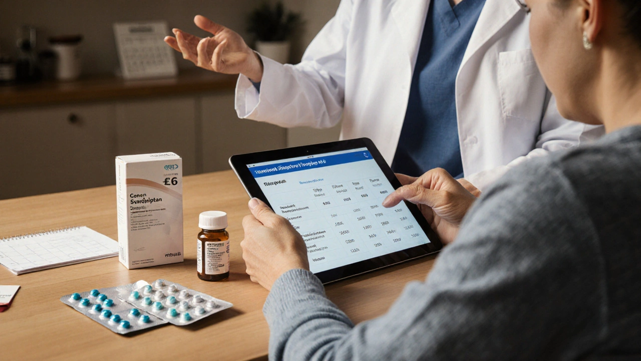 Patient reviewing medication costs with pharmacist, surrounded by migraine meds.