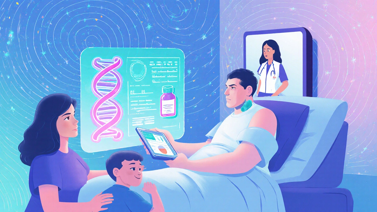 Patient with family using a holographic tablet showing symptom tracker, DNA strand, and saliva test in a futuristic room.