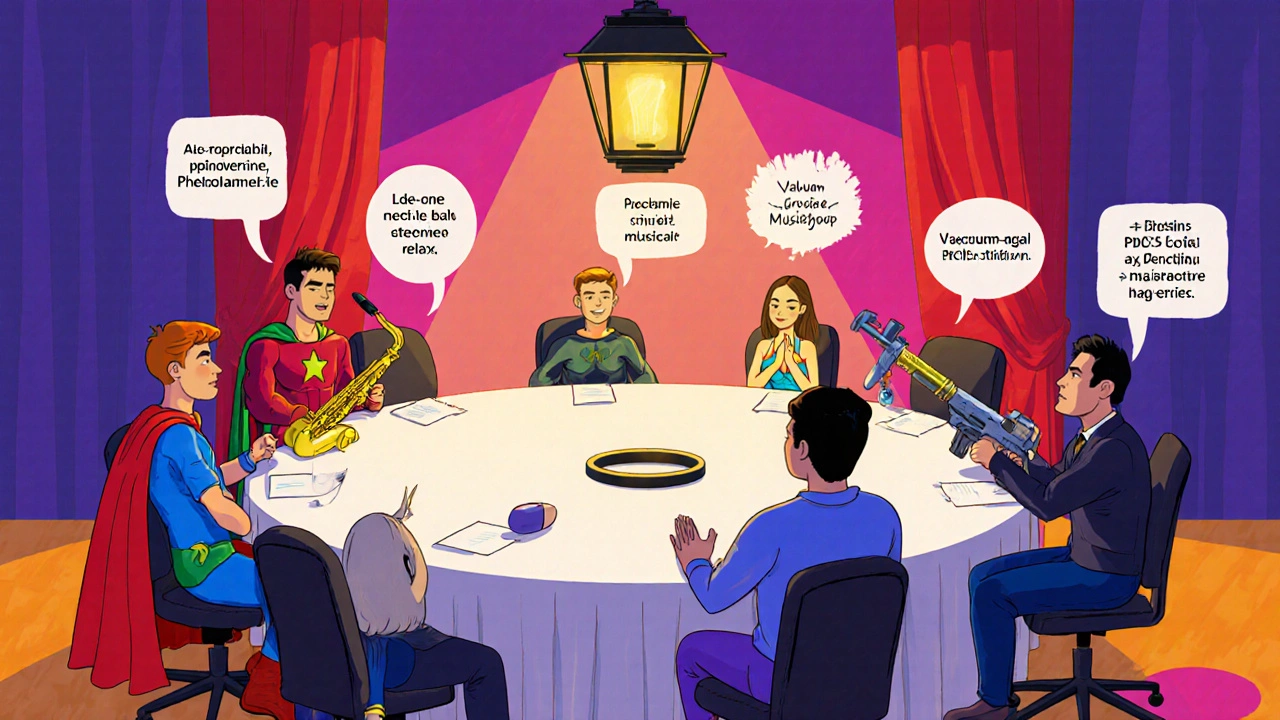Personified drug characters at a round table showing their mechanisms.