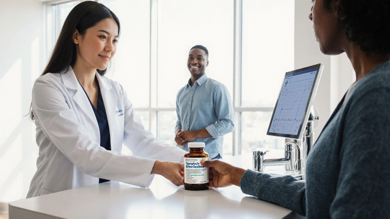 Pharmacist handing a modern HIV pill combo to a patient.