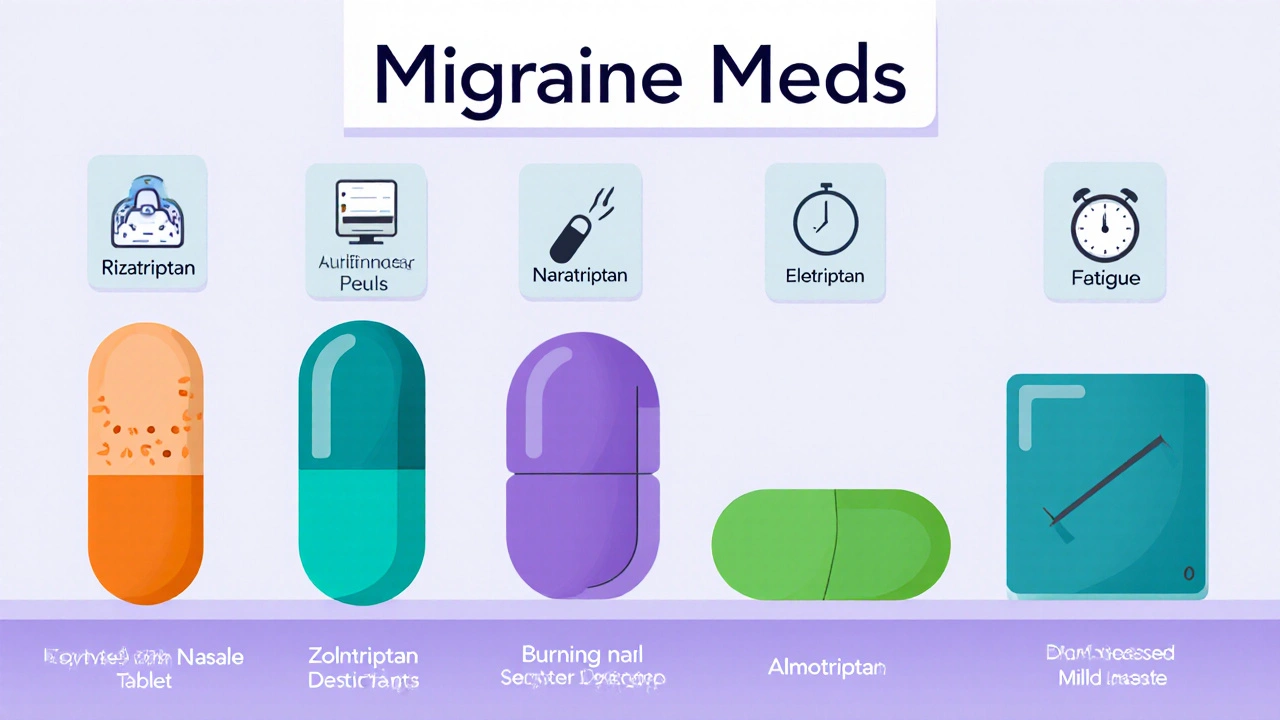 Pharmacy aisle showing various triptan pills and sprays with icons of their side effects.