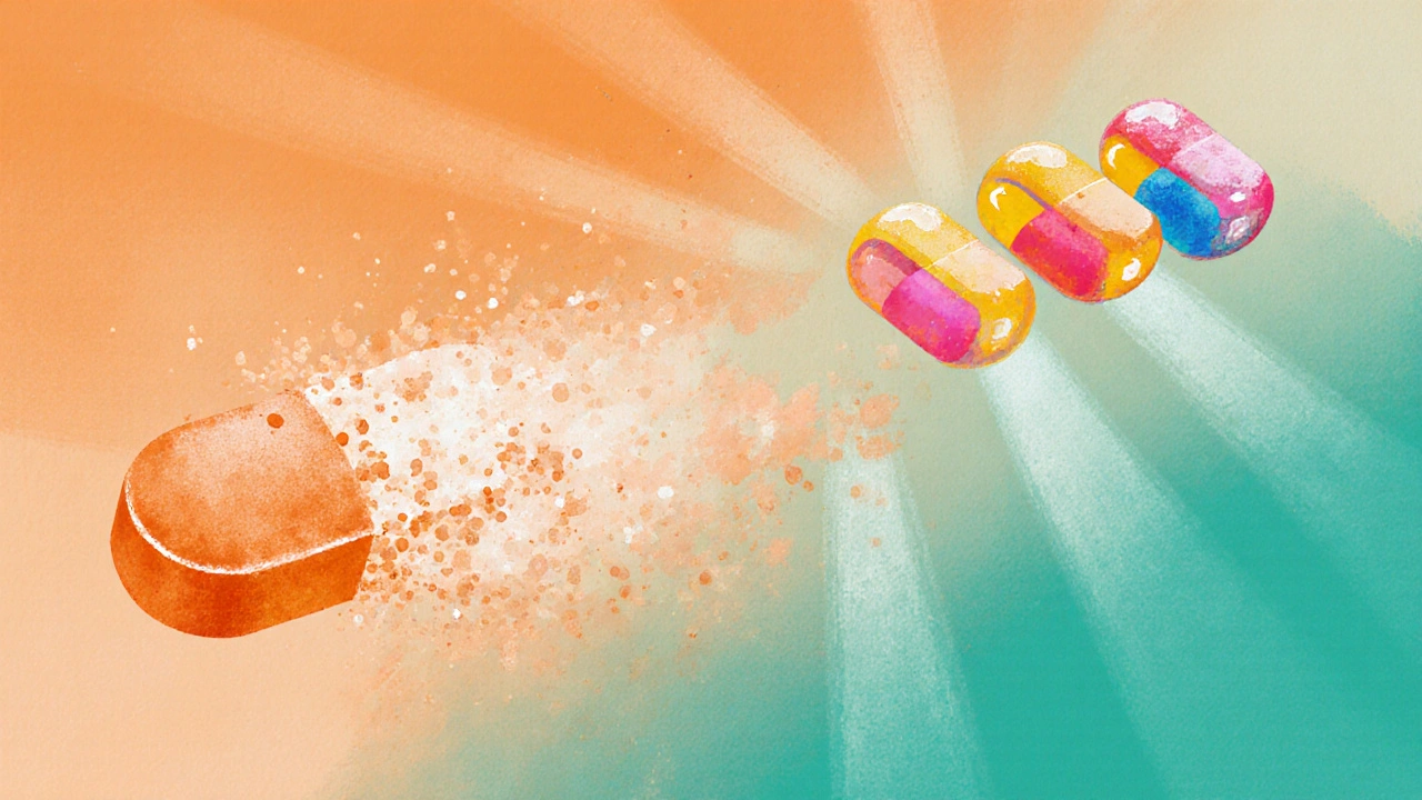 Phenytoin pill fading into mist while levetiracetam capsules form, symbolizing transition.