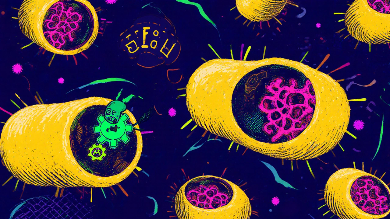 Psychedelic cartoon showing Staphylococcus aureus bacteria with ribosomes blocked by fusidic acid molecules.