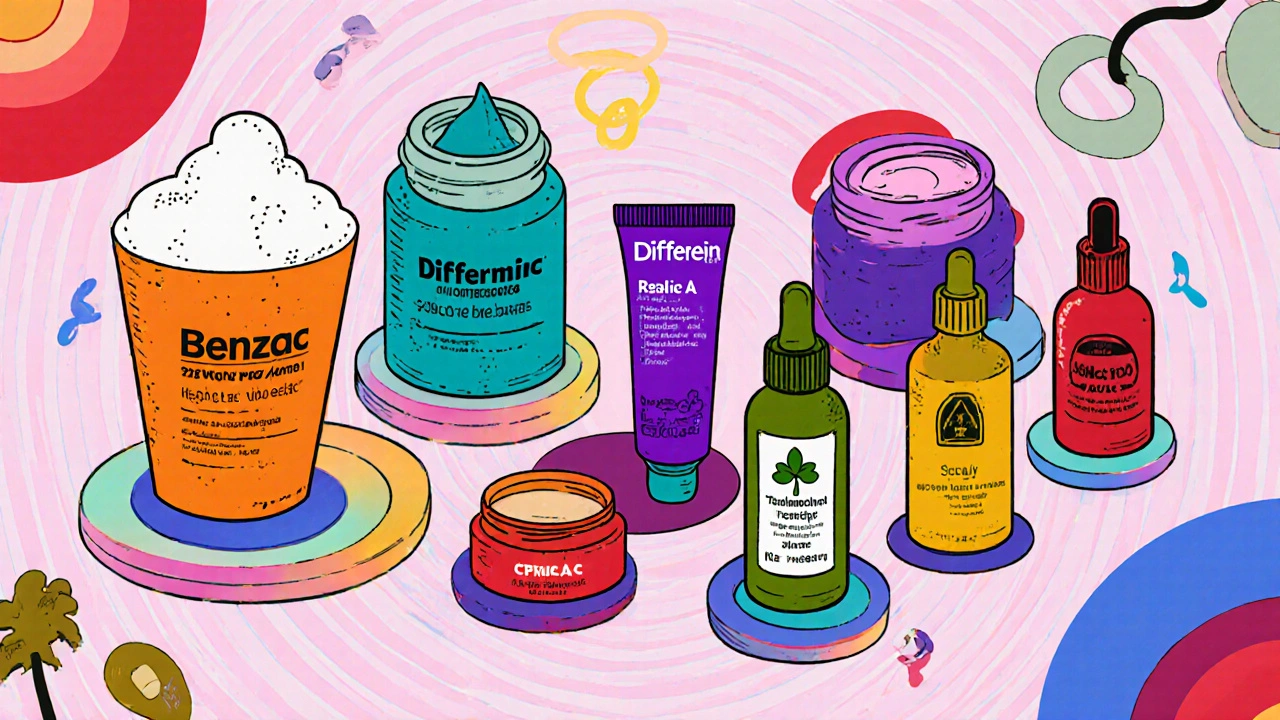 Row of colorful cartoon bottles representing various acne treatments on psychedelic backgrounds.