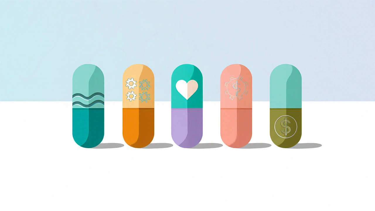 Row of six colorful AED capsules with subtle icons for safety, interaction, and cost.