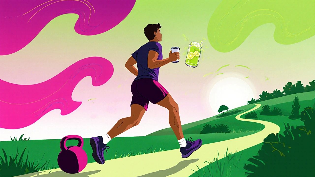 Runner exercising outdoors while holding a cup of lemon water.