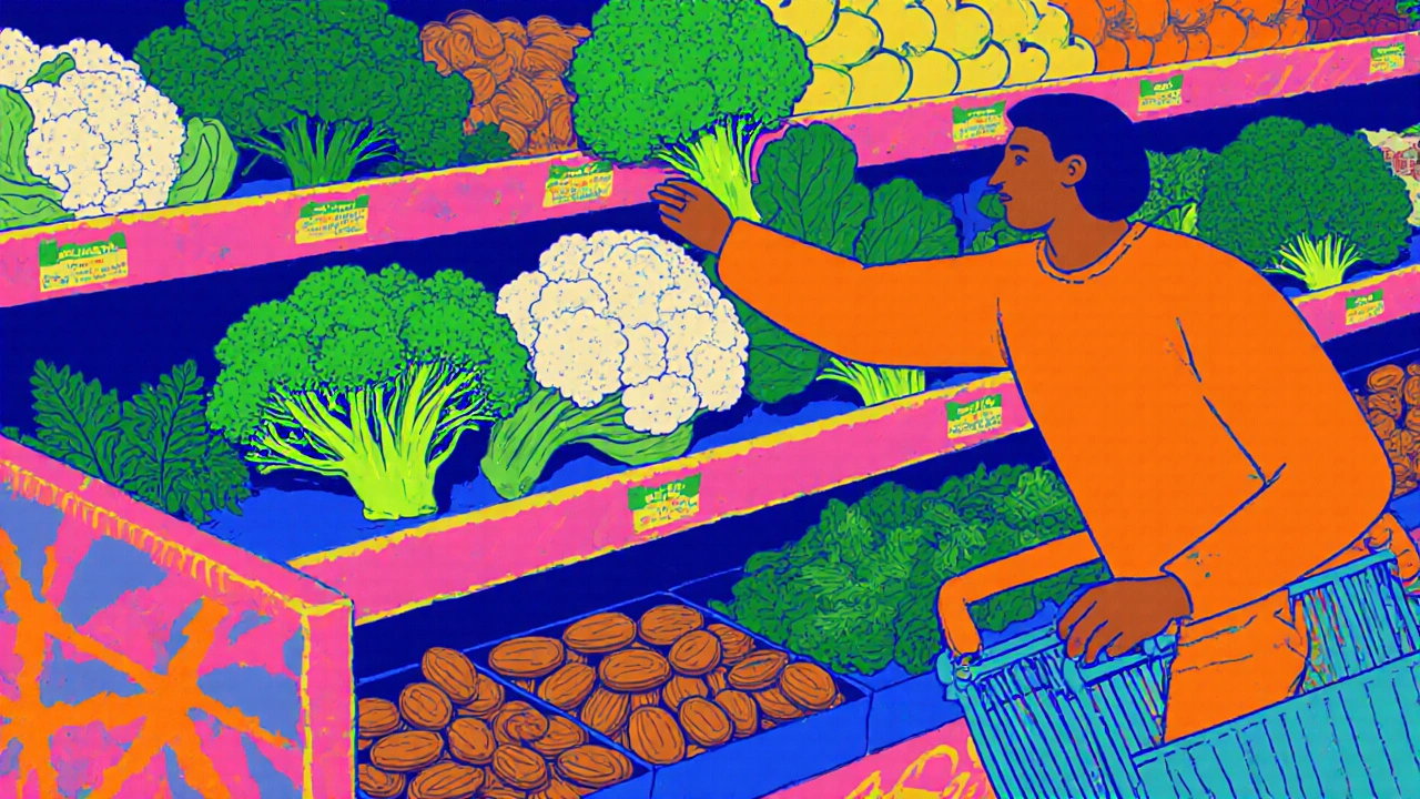 Shopper selecting low‑oxalate veggies like broccoli while ignoring high‑oxalate foods.
