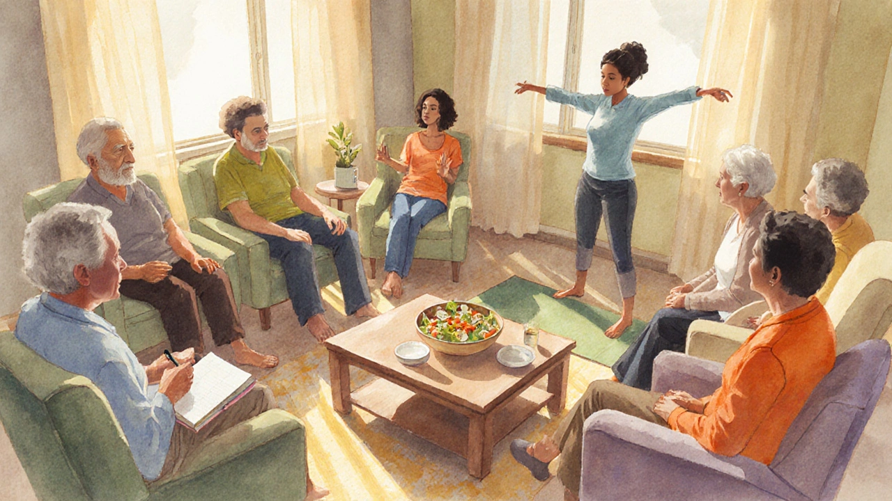 Support group members sharing journal, healthy food, and yoga in a sunny room.