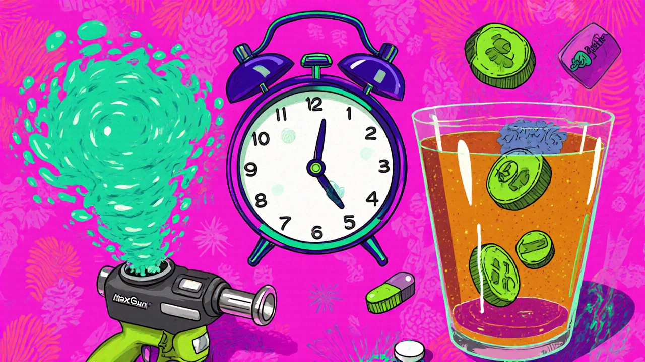 Surreal tableau comparing spray mist and dissolving tablet with a distorted clock.