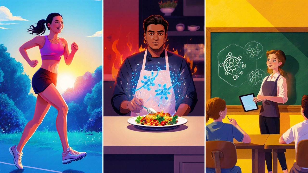Triptych of a marathon runner, chef, and teacher representing survivor triumph.