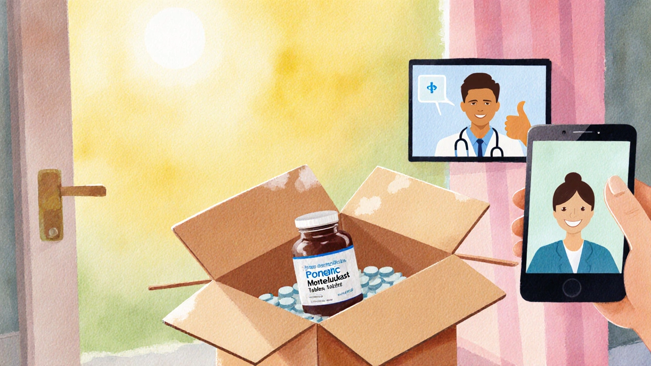 Watercolor scene of a person opening a box with Montelukast pills and a telehealth call in the background.