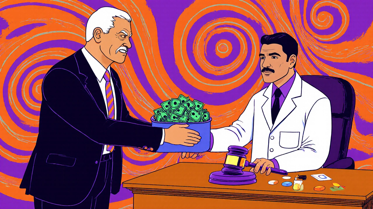 A courtroom scene where a brand-name company pays a generic maker to delay market entry, under a pill-shaped gavel.