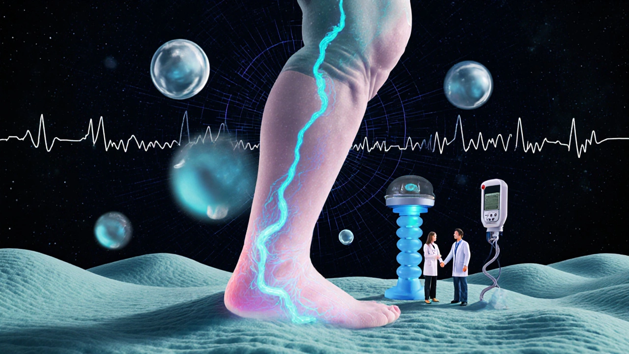 A leg landscape with compression as flowing rivers and medical devices, surreal and colorful, in Victor Moscoso style.