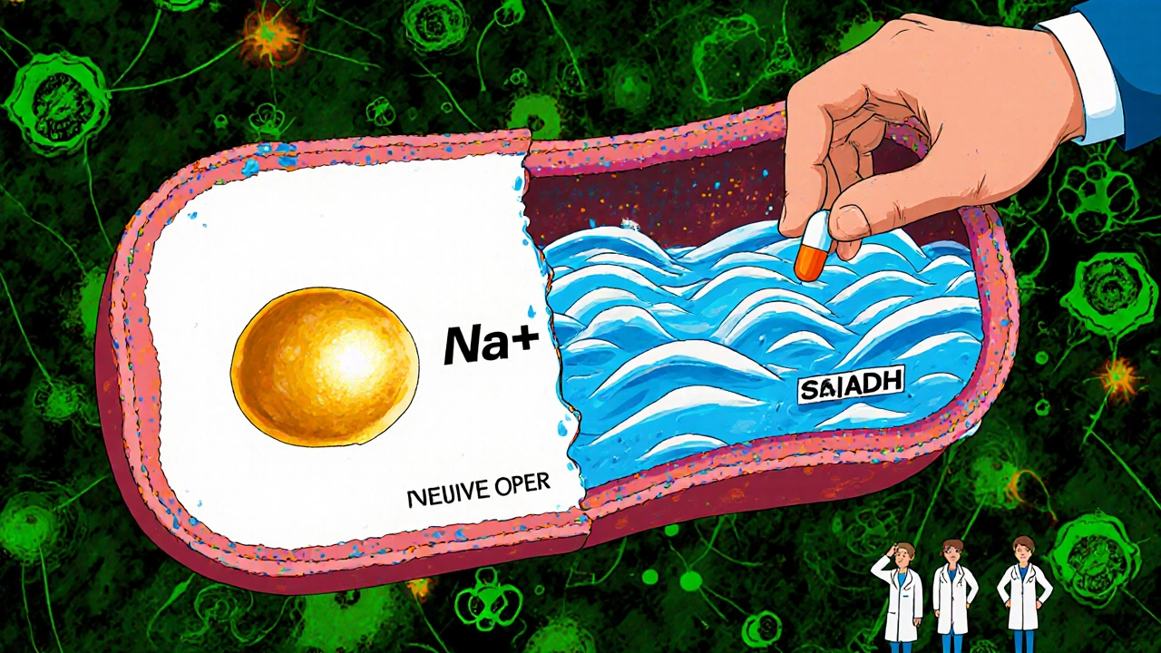 A medical chart split between healthy and diluted blood, with a pill dropping into water, set in vibrating Op-Art patterns.