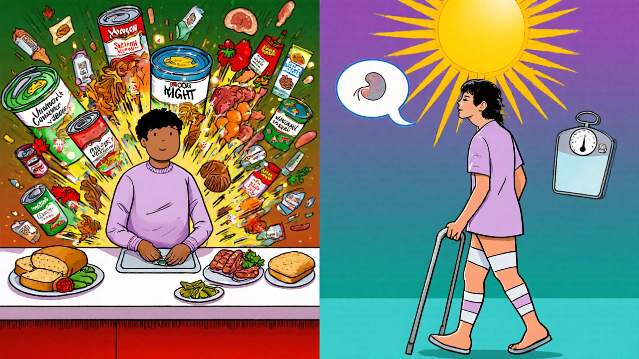 A patient contrasting high-sodium foods with compression therapy, vibrant psychedelic colors, in Victor Moscoso style.