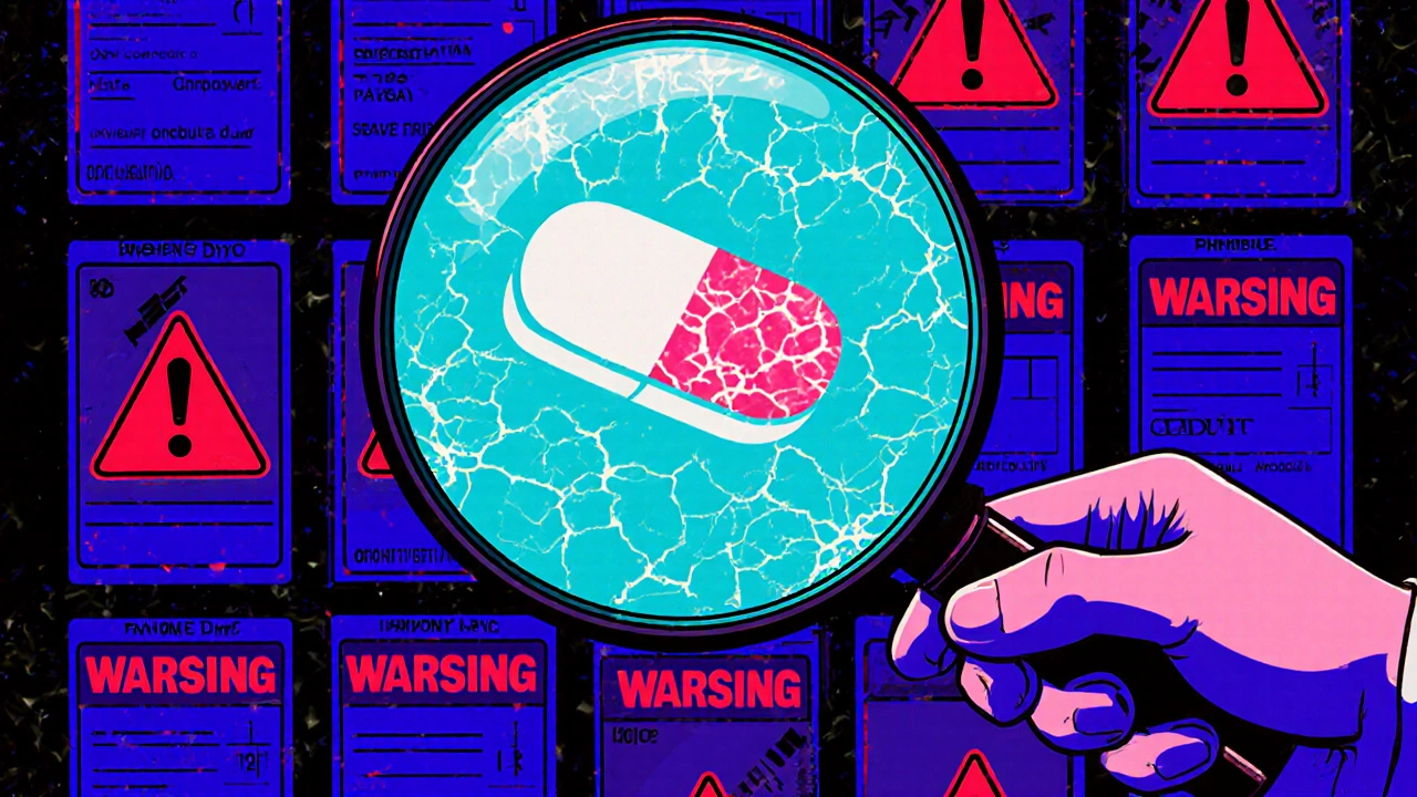 A pharmacist examining a degrading tablet under a magnifying glass, surrounded by pulsing red warning labels.