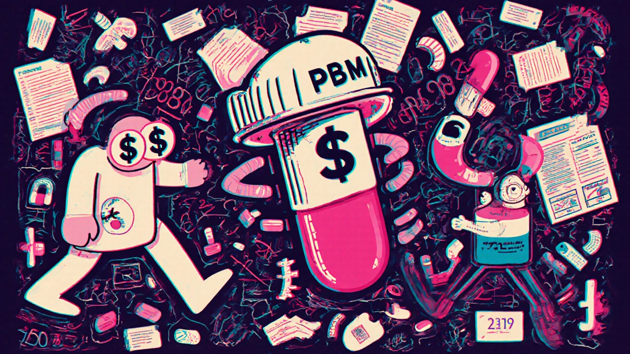 A pill crushed by pricing middlemen in a chaotic neon maze representing the generic drug supply chain.
