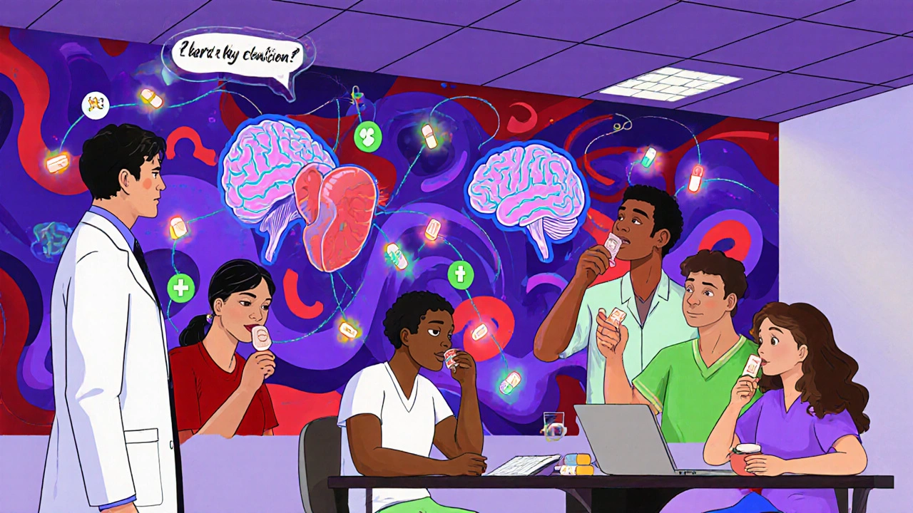 A primary care clinic with a mural showing brains and organs receiving pills, patients calmly taking medication in neon colors.