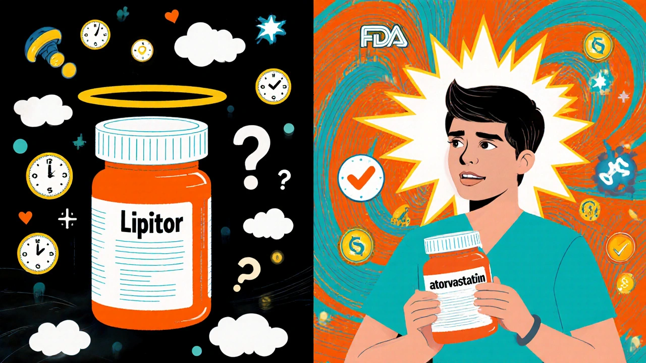 A worried patient transitions from anxiety to relief as brand-name medication transforms into a generic with savings symbols and FDA seals.