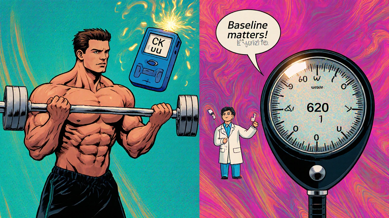 Athlete with spiked CK meter next to same person on statin with calm CK, magnifying glass reveals &#039;Baseline matters!&#039; in psychedelic style.