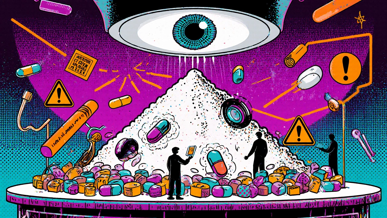 Colorful pills being made in a surreal factory with glowing FDA inspection symbols overhead.